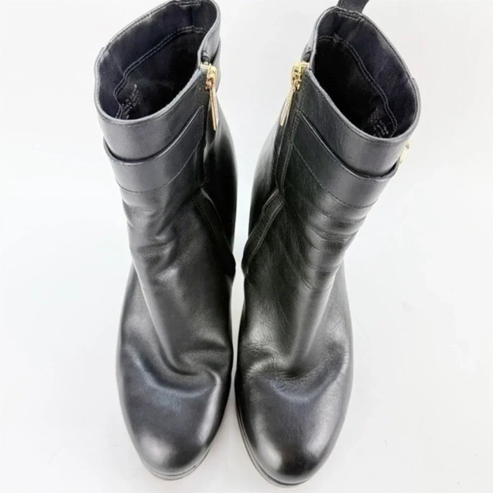 Michael Kors Black Leather Platform Ankle Boots Gold MK Logo Buckle Block Heel